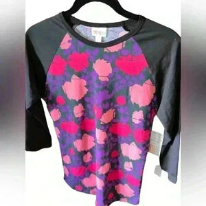 Lularoe XS purple & pink abstract floral Randy baseball T. Black raglan sleeve